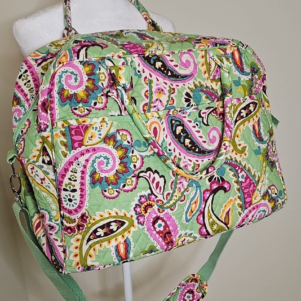 Vera Bradley Large Duffle Weekender Bag Green, Pink Paisley Tutti Frutti Quilted - Picture 2 of 10